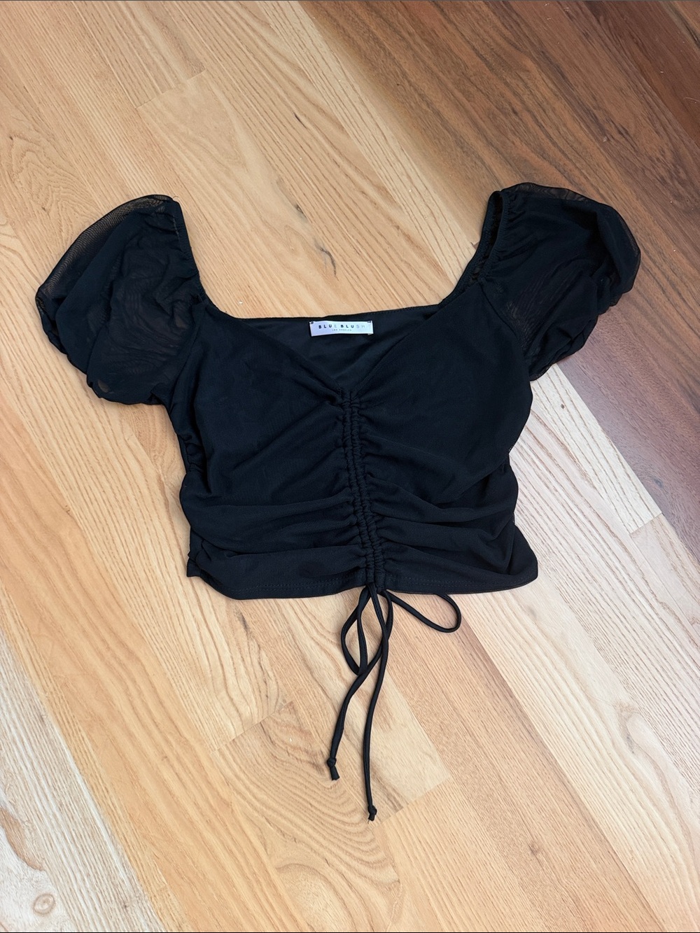 Blue Blush Black Ruched Puff Sleeve Crop Top
